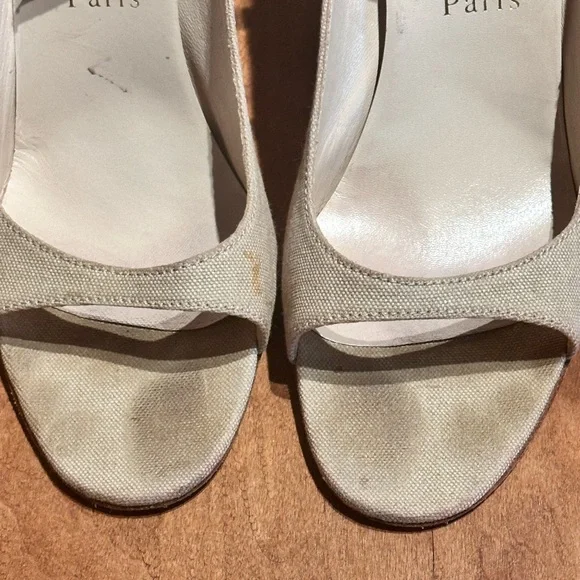 Beige Linen Peep-Toe High Heels with Ankle Strap - Sz 40 - Picture 7 of 8